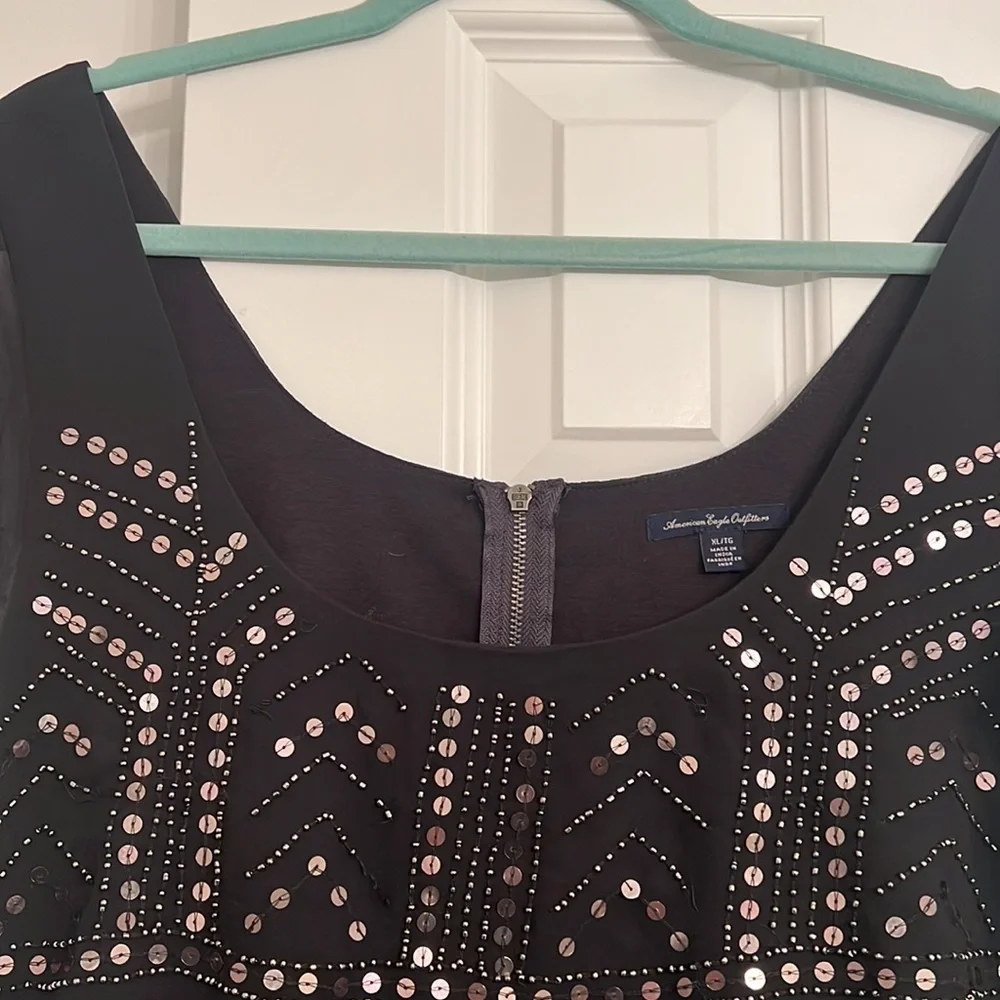 Beaded and Sequined Gray Mini Holiday Party Dress - Picture 2 of 4